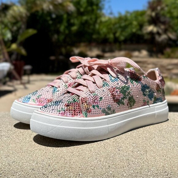 New Pink Floral Print Rhinestone Crystal Pavé Lace-Up Flat Platform Sneaker Shoe - Picture 4 of 8
